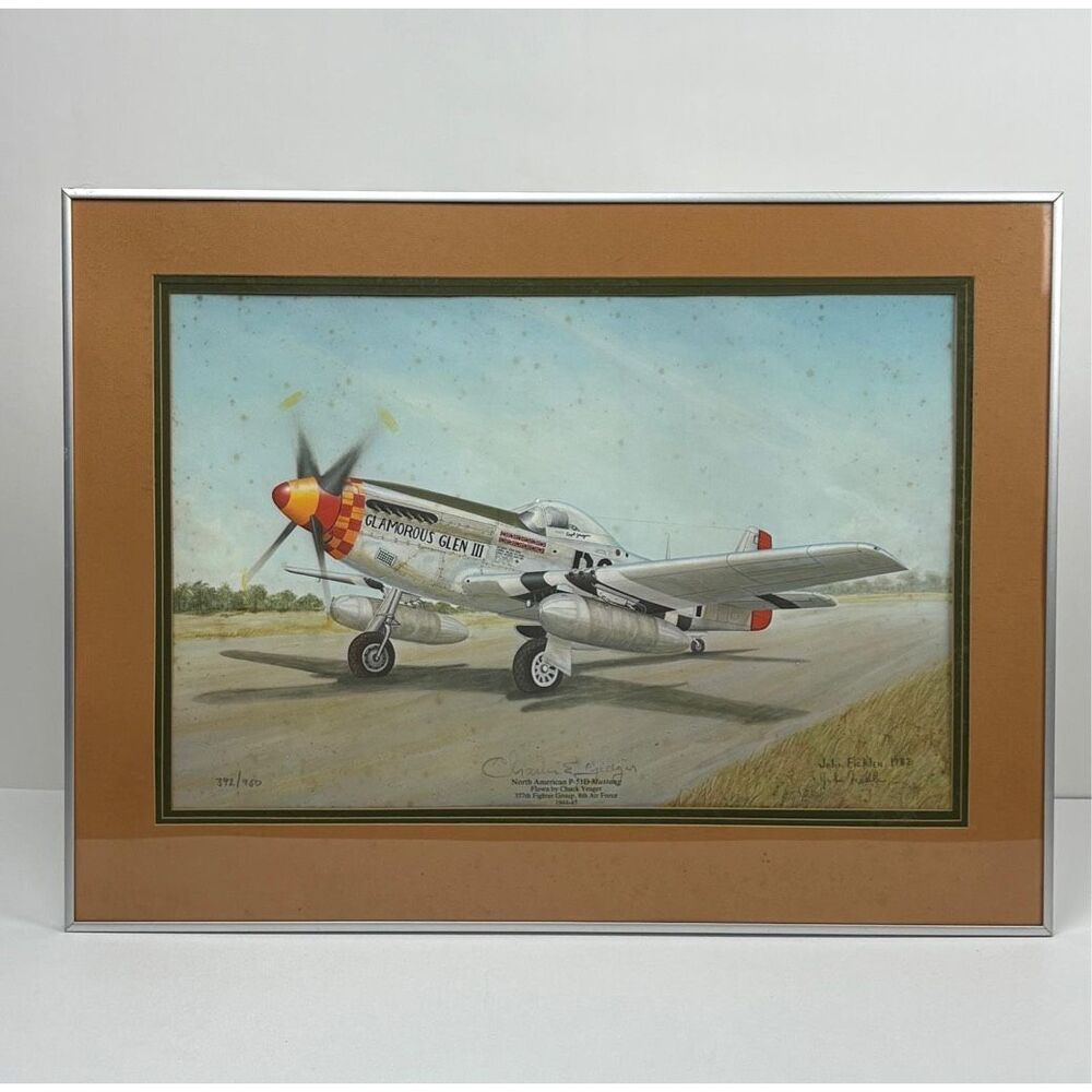 Vtg 1982 Chuck Yeager Aviation Lithograph John Ficklen P-51D Mustang Signed